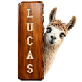 Rustic llama metal sign featuring a friendly llama peeking around a wood-look vertical plank