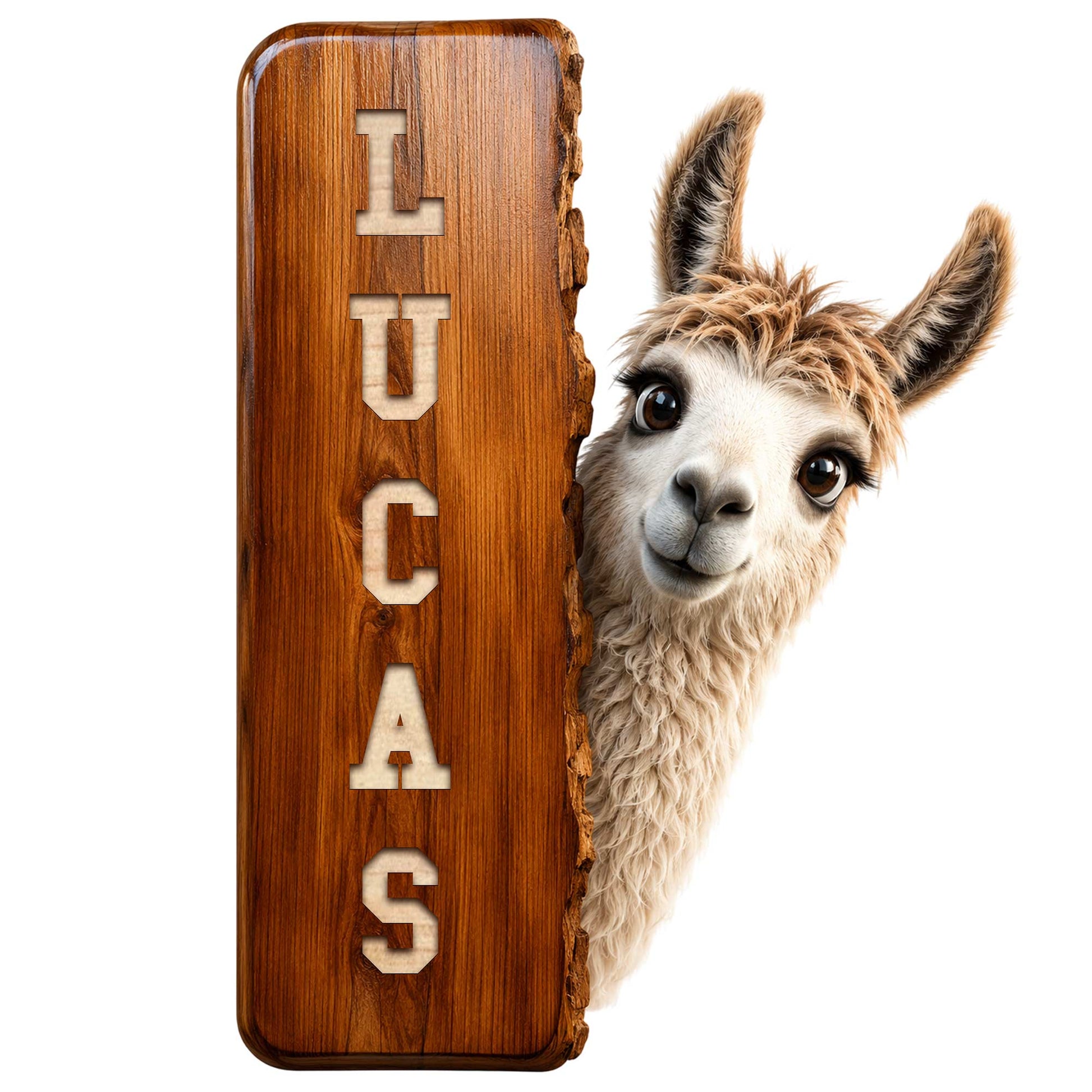 Rustic llama metal sign featuring a friendly llama peeking around a wood-look vertical plank