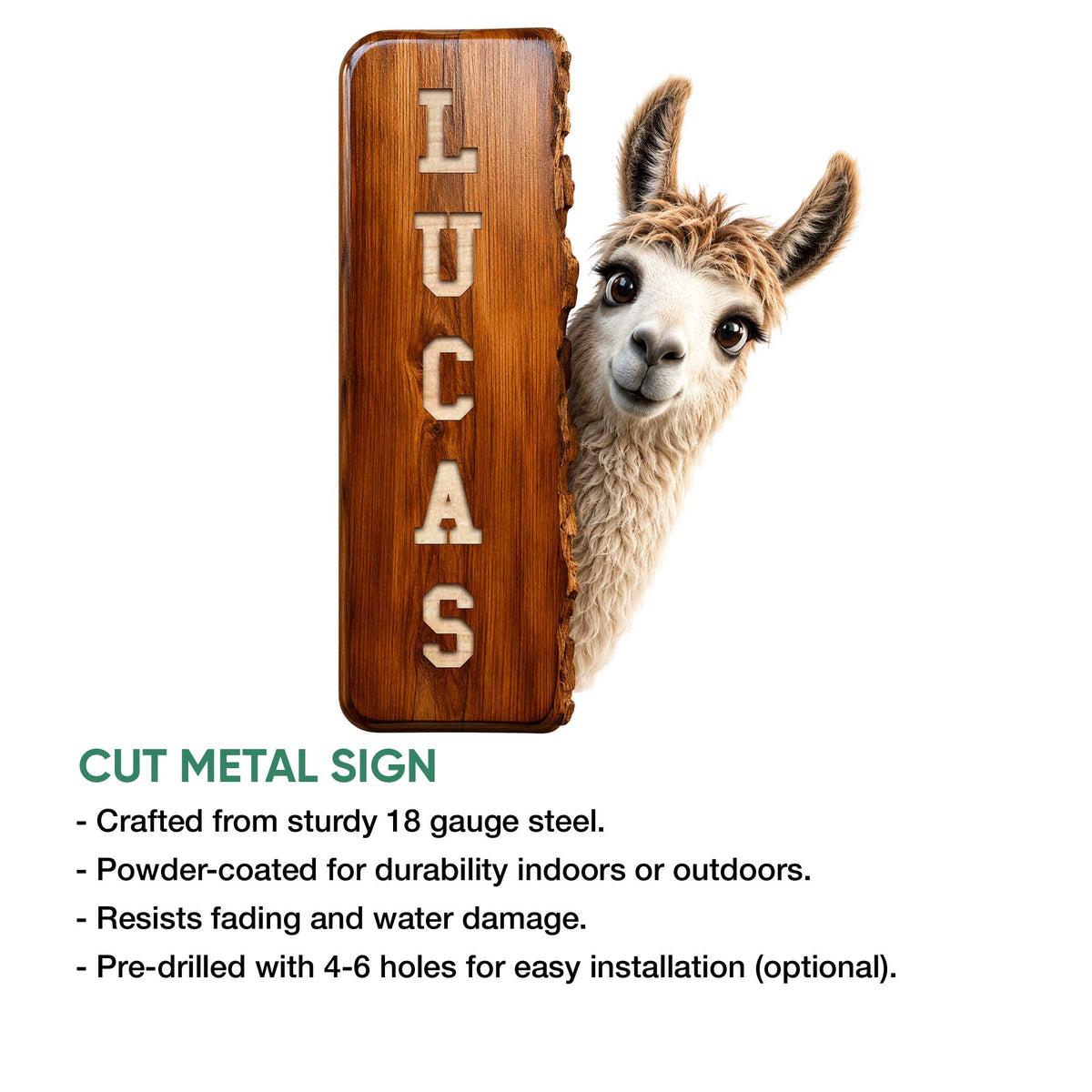 Llama cut metal sign shown in a product feature graphic with a rustic wood-look design