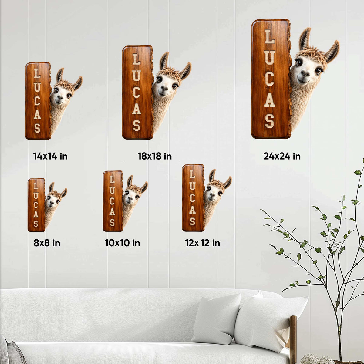 Llama metal sign size guide showing multiple dimensions in a bright living room setting
