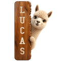 Custom alpaca metal sign with a fluffy alpaca peeking around a rustic wood-grain panel