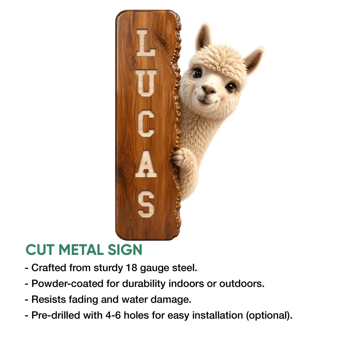 Alpaca metal sign feature graphic showing the cut-steel design and indoor or outdoor display use