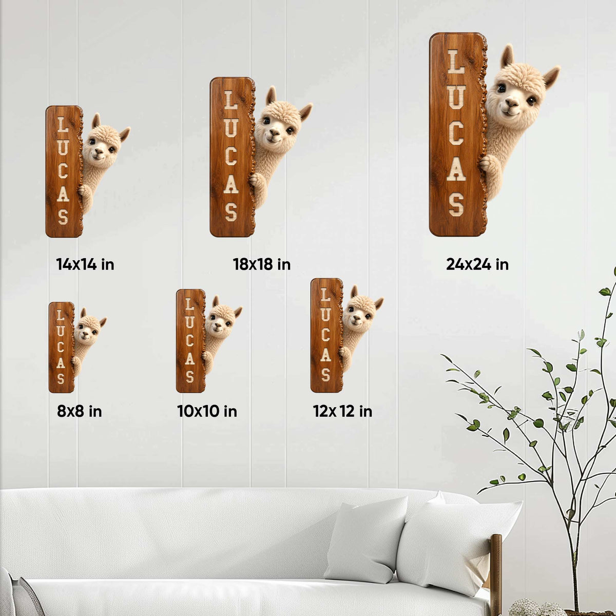 Alpaca metal sign size guide showing available 8x8, 10x10, 12x12, 14x14, 18x18, and 24x24 inch options