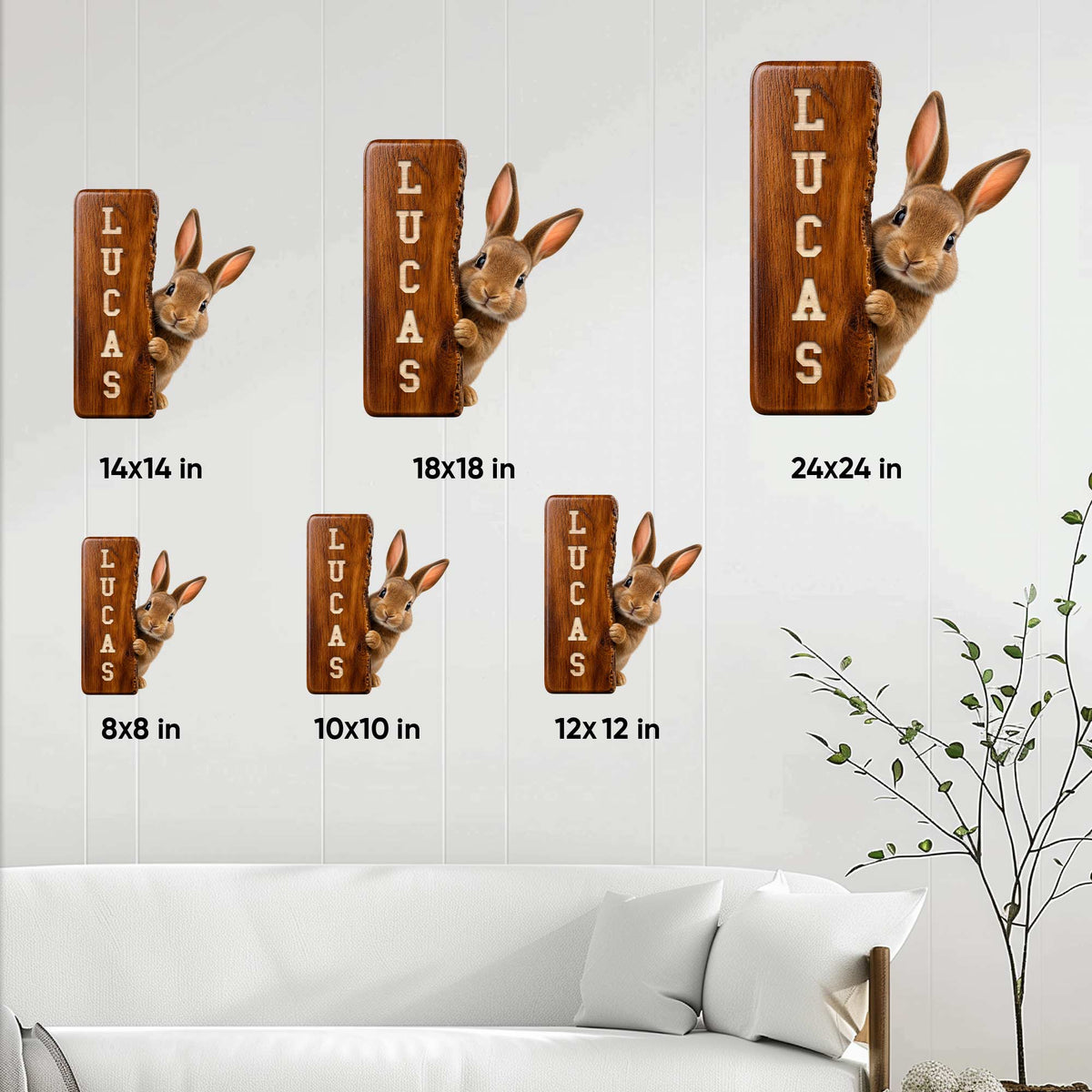 Rabbit metal sign size guide showing available 8x8, 10x10, 12x12, 14x14, 18x18, and 24x24 inch options