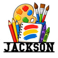 Artist metal sign featuring a colorful paint palette, brushes, pencils, crayons, and a sketchbook