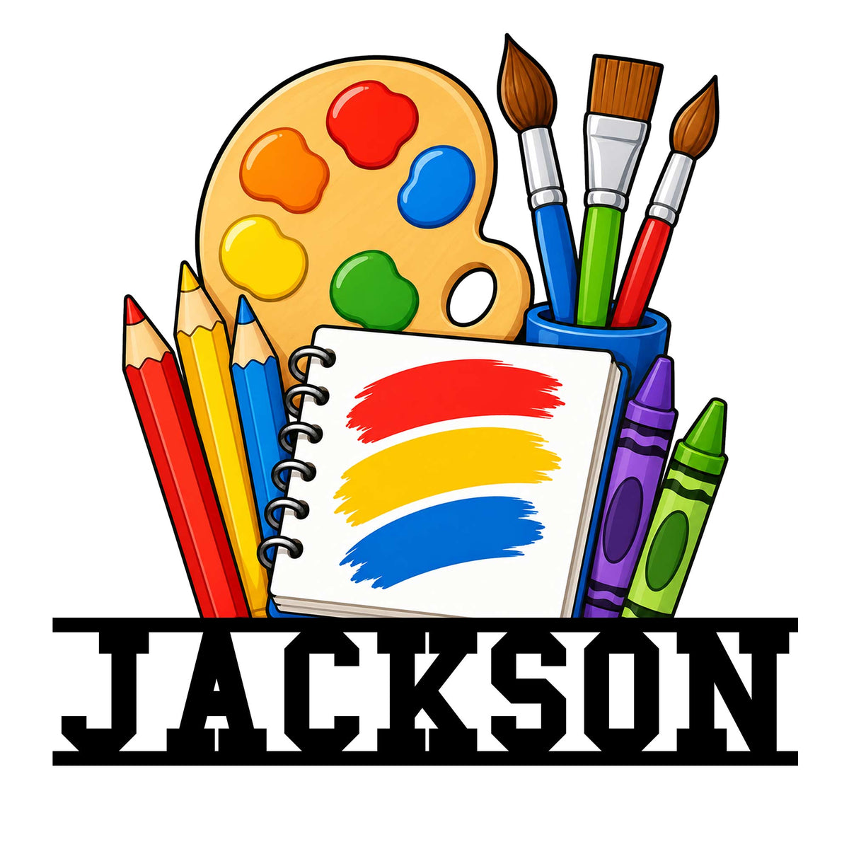 Artist metal sign featuring a colorful paint palette, brushes, pencils, crayons, and a sketchbook