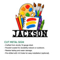 Artist metal sign feature graphic showing a colorful painting supply design and cut-metal construction