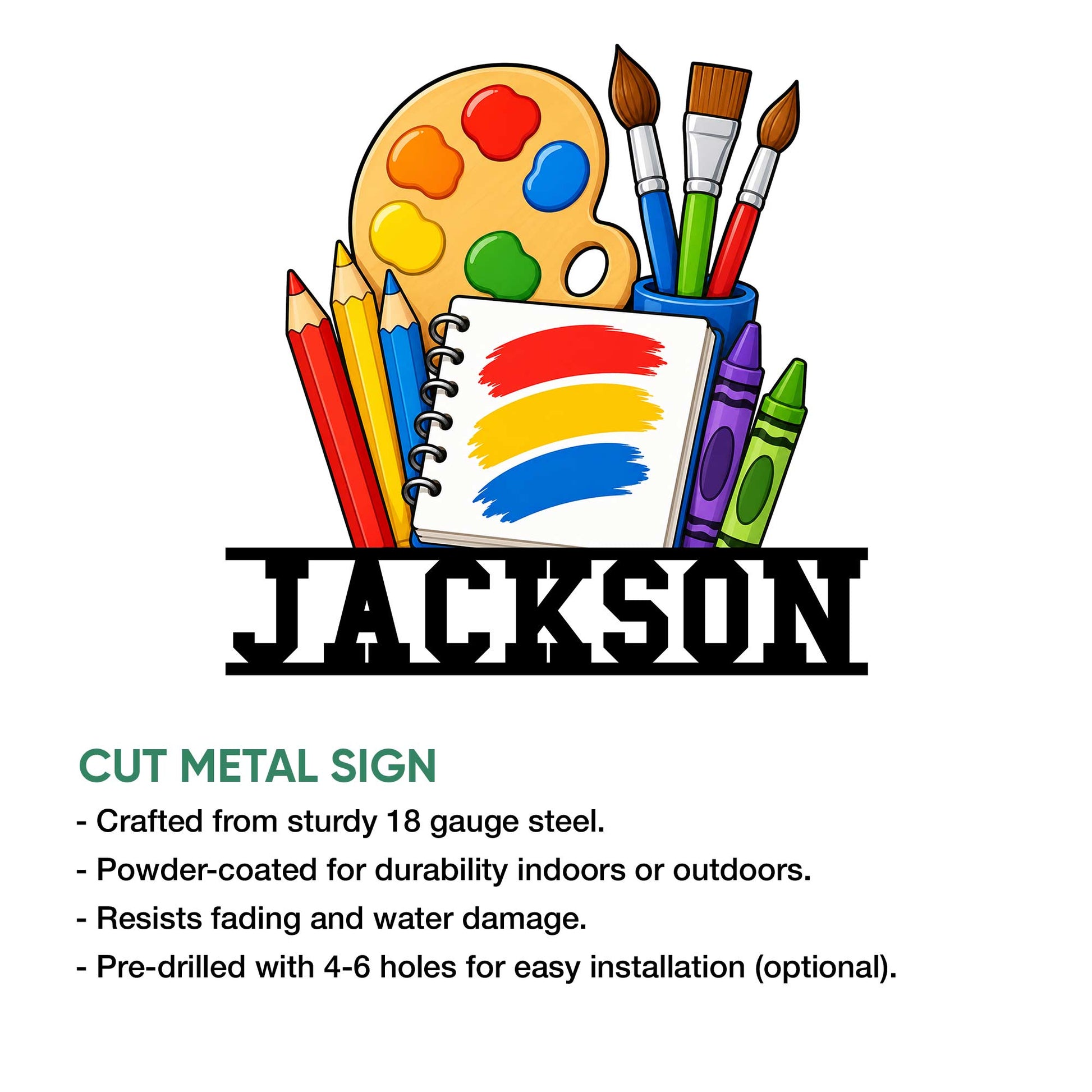 Artist metal sign feature graphic showing a colorful painting supply design and cut-metal construction