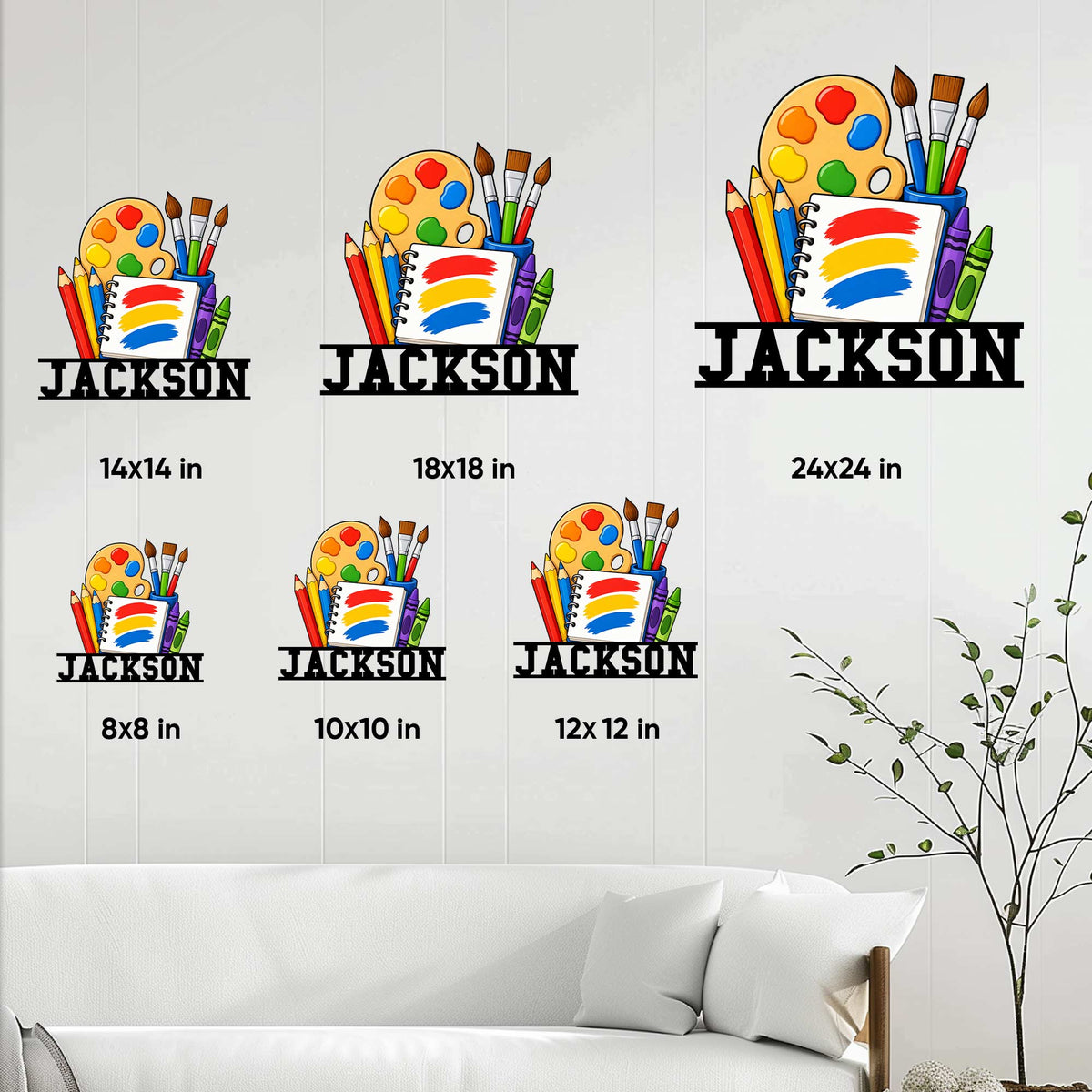 Artist metal sign size guide showing the colorful palette and art supply design in multiple available sizes