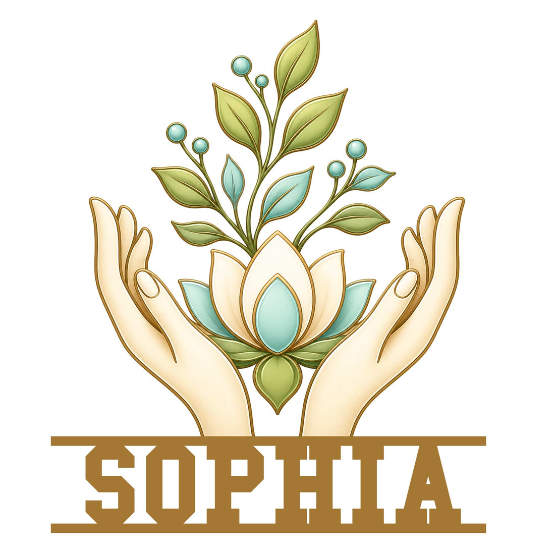 Custom massage therapist metal sign featuring a lotus flower held by graceful healing hands