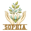 Custom massage therapist metal sign featuring a lotus flower held by graceful healing hands