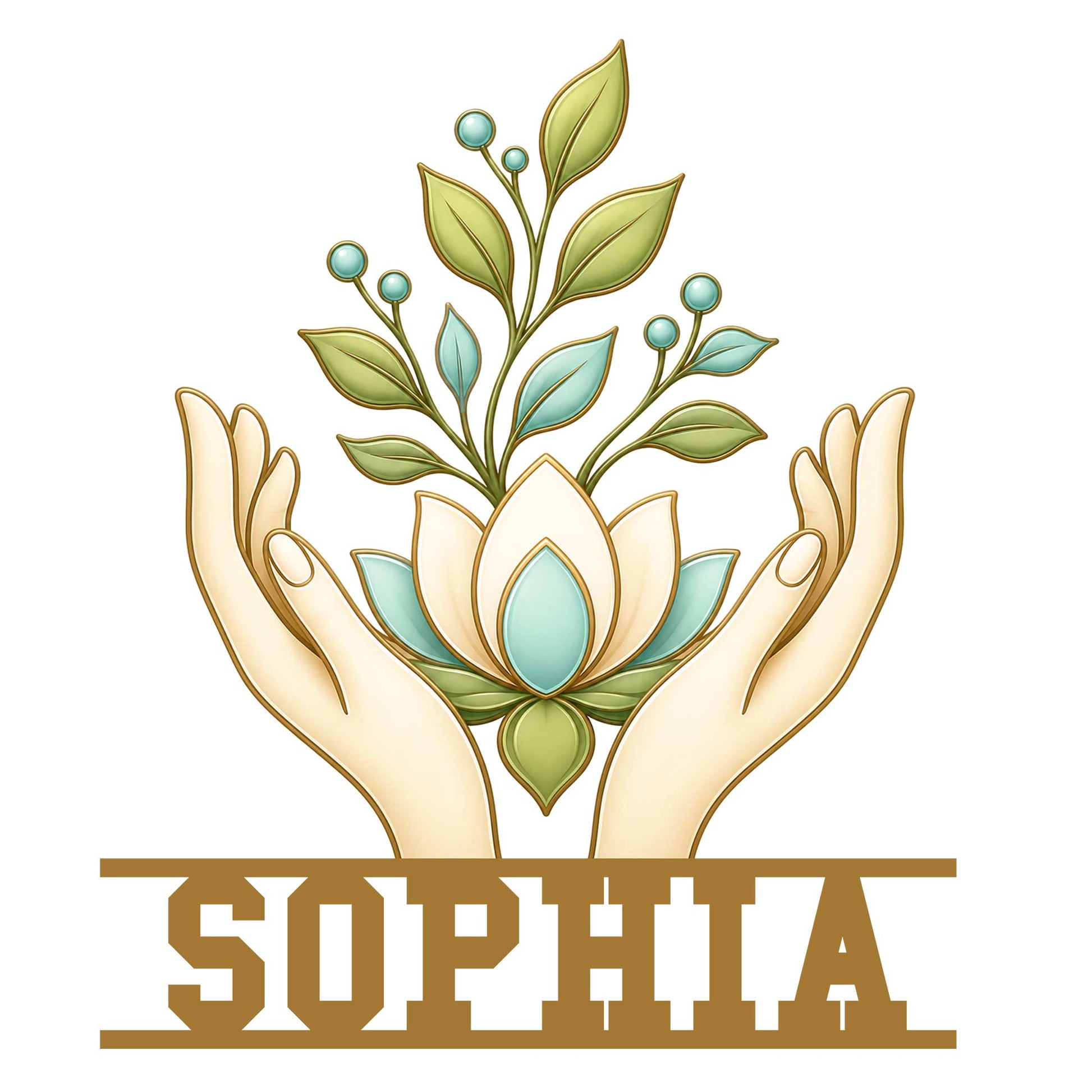 Custom massage therapist metal sign featuring a lotus flower held by graceful healing hands