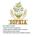 Massage therapist cut metal sign showing a lotus and hands, with product feature details below
