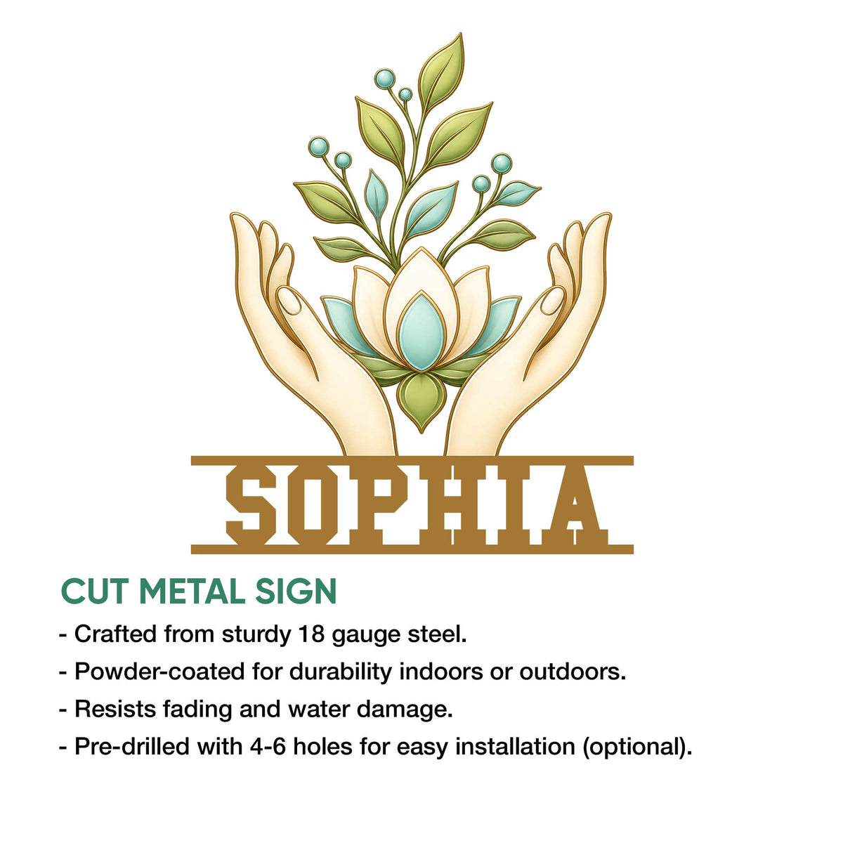 Massage therapist cut metal sign showing a lotus and hands, with product feature details below