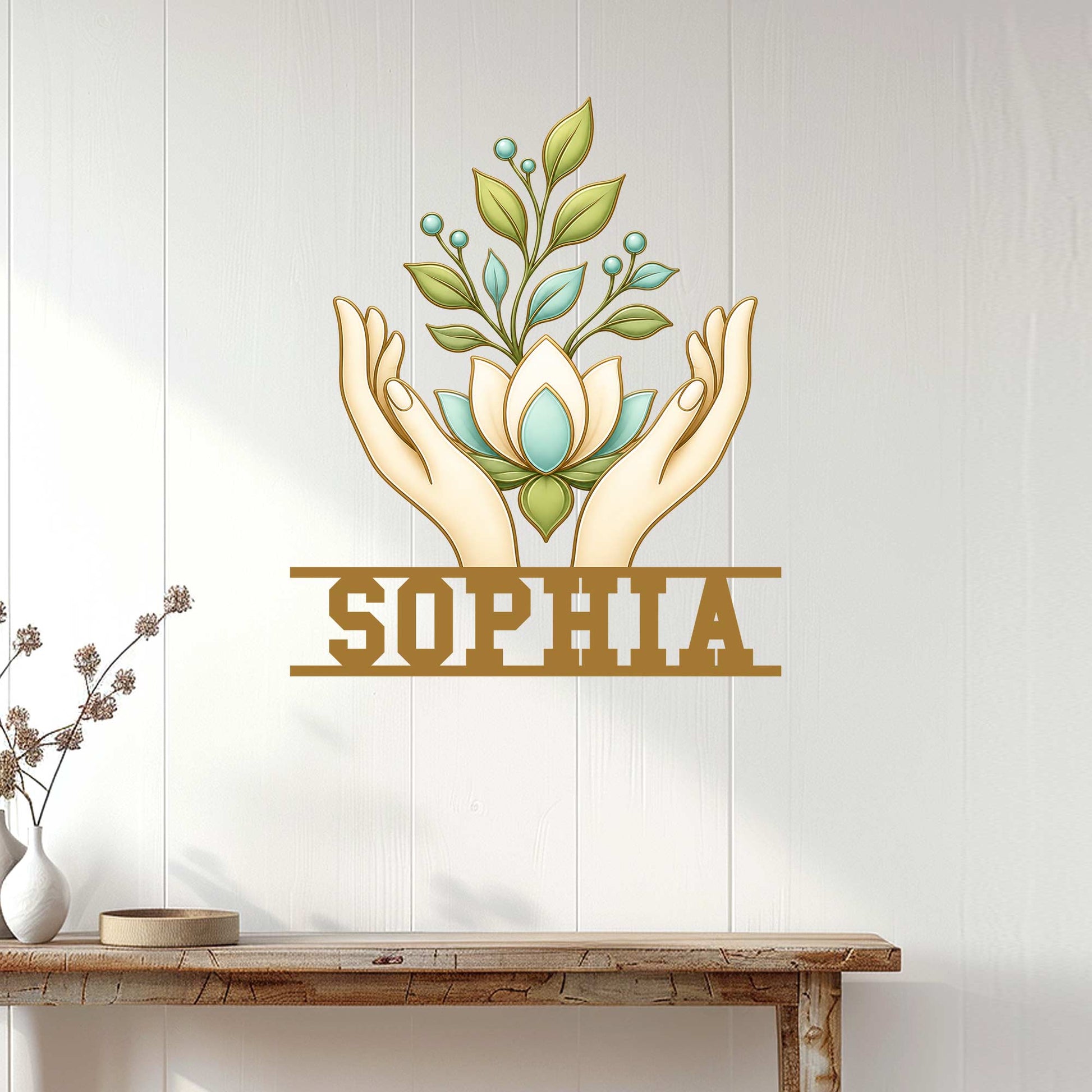 Lotus massage therapist wall sign displayed on a light wood-paneled wall above a console table
