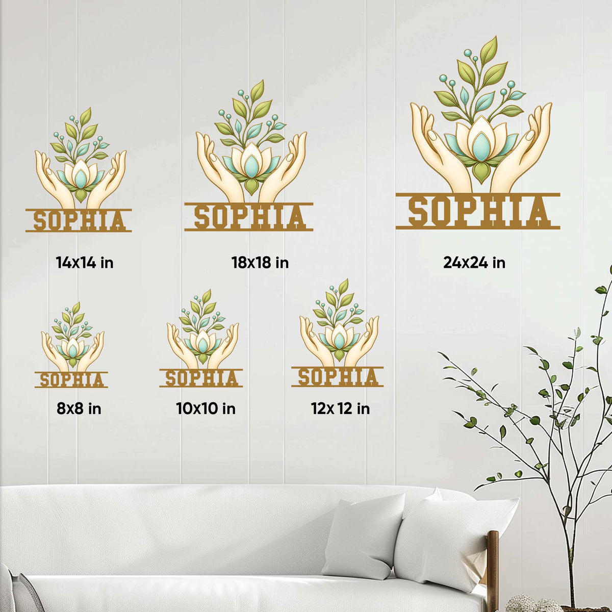 Massage therapist lotus metal sign shown in multiple size options on a bright living room wall