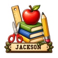Custom teacher metal sign featuring colorful books, an apple, pencil, ruler, and scissors