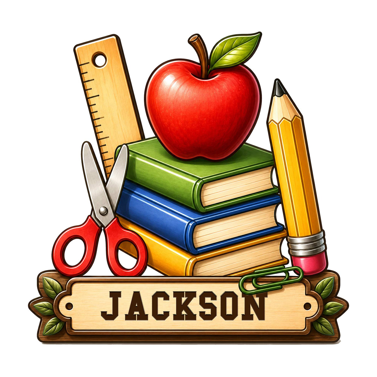 Custom teacher metal sign featuring colorful books, an apple, pencil, ruler, and scissors