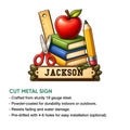 Teacher metal sign feature graphic showing colorful school supplies and cut-metal sign details