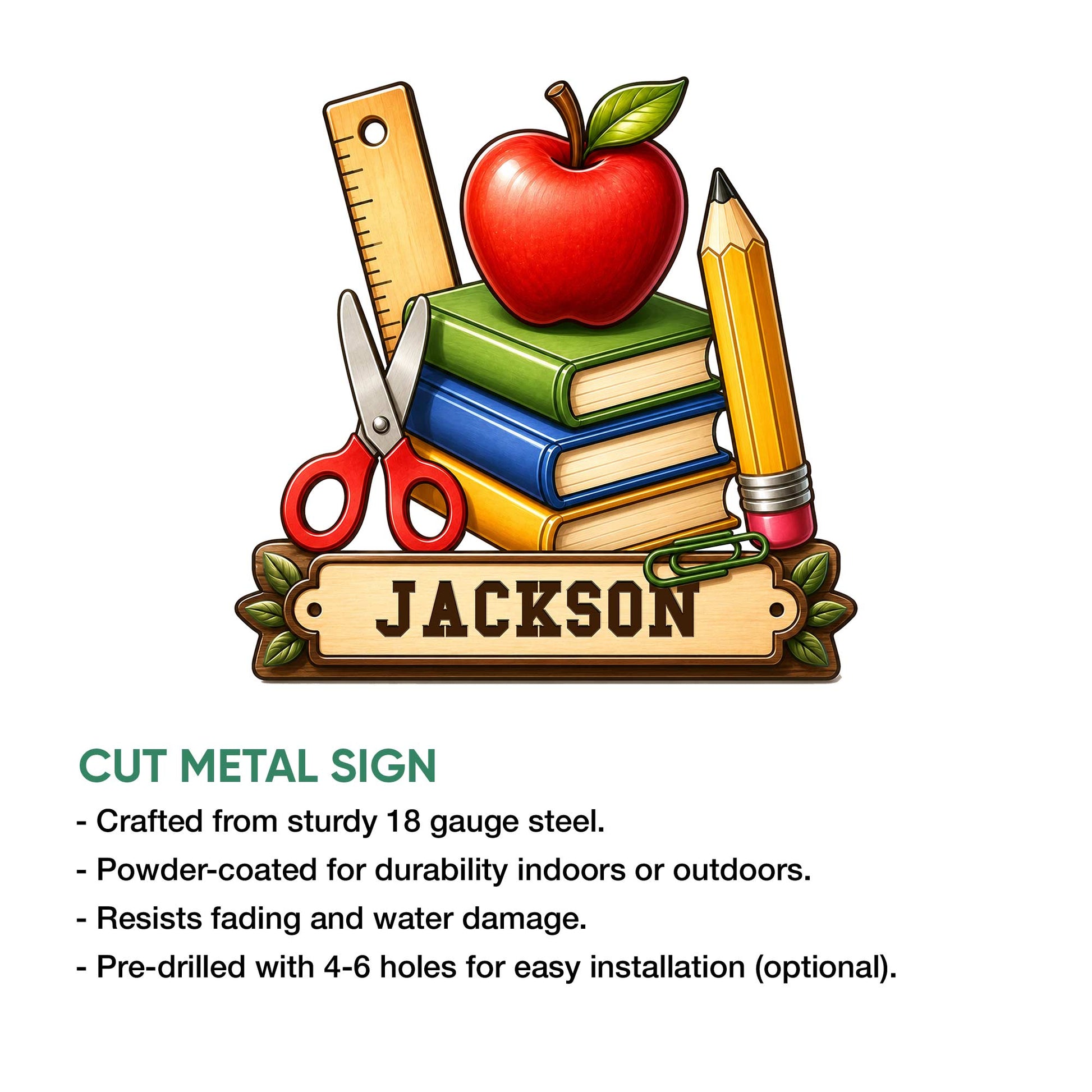Teacher metal sign feature graphic showing colorful school supplies and cut-metal sign details