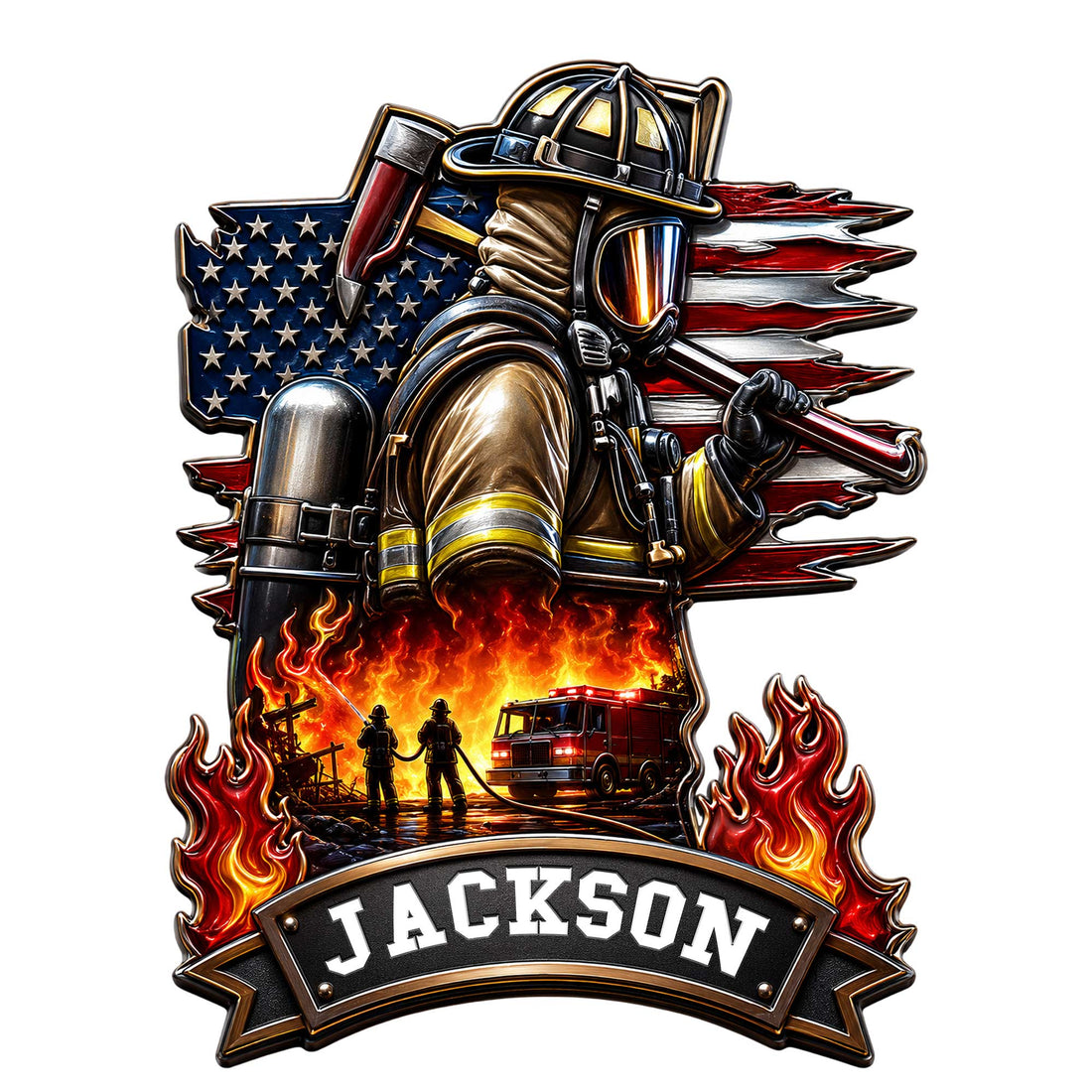 Patriotic firefighter metal sign featuring a helmeted firefighter, fire truck, flames, and American flag design