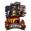 Patriotic firefighter metal sign featuring a helmeted firefighter, fire truck, flames, and American flag design