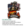 Patriotic firefighter metal sign shown with a bold cutout design featuring firefighting action and American flag colors