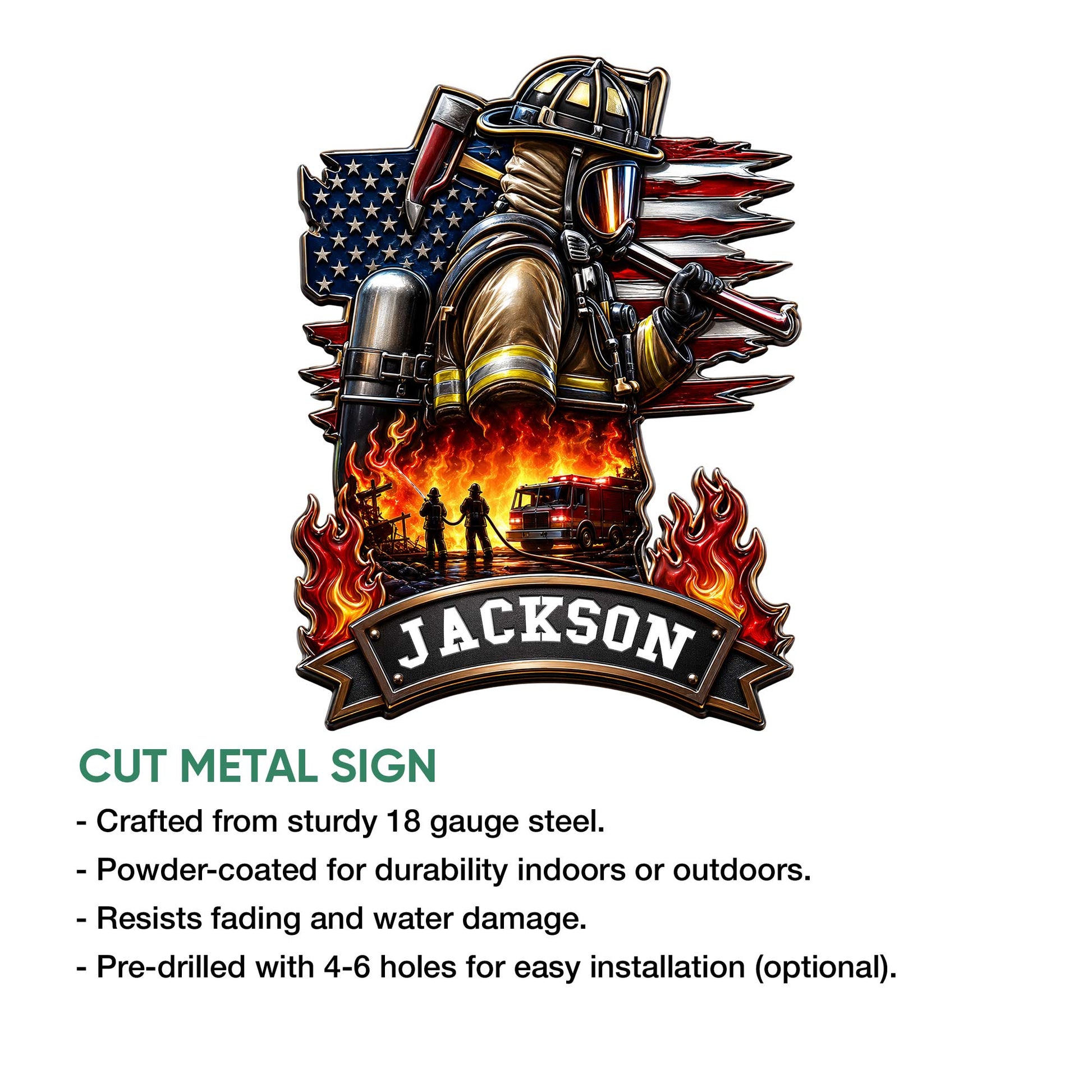 Patriotic firefighter metal sign shown with a bold cutout design featuring firefighting action and American flag colors