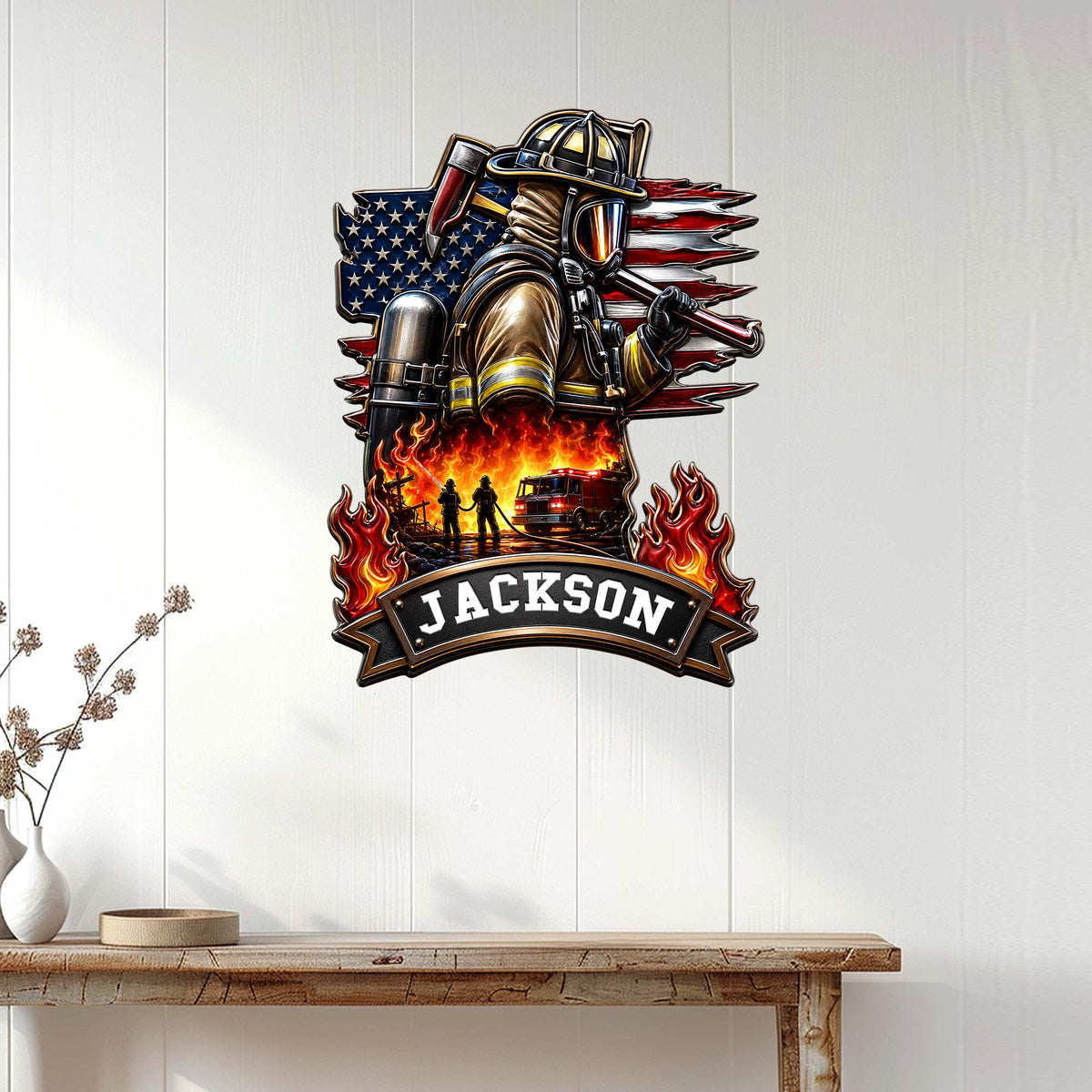 Firefighter metal wall sign displayed on a light paneled wall, featuring a helmeted responder and patriotic flag backdrop