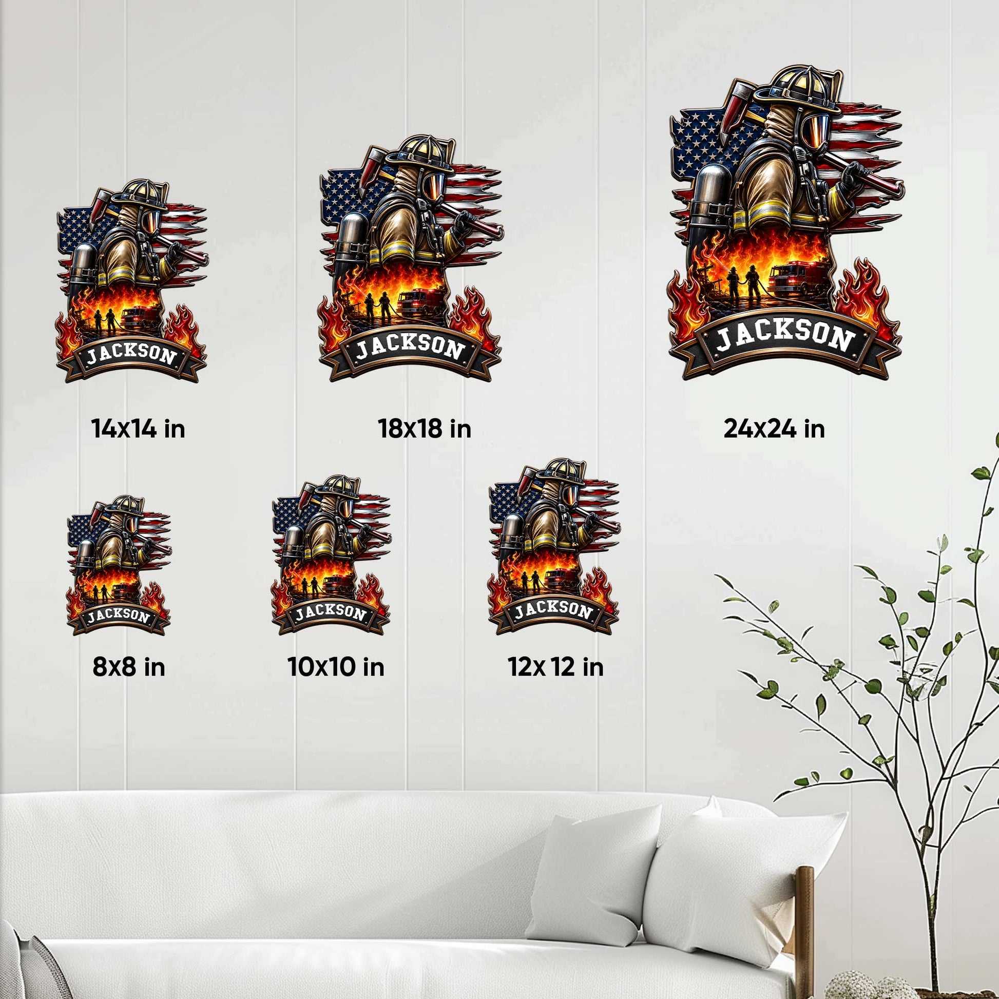 Firefighter metal sign size guide showing 8, 10, 12, 14, 18, and 24 inch square options