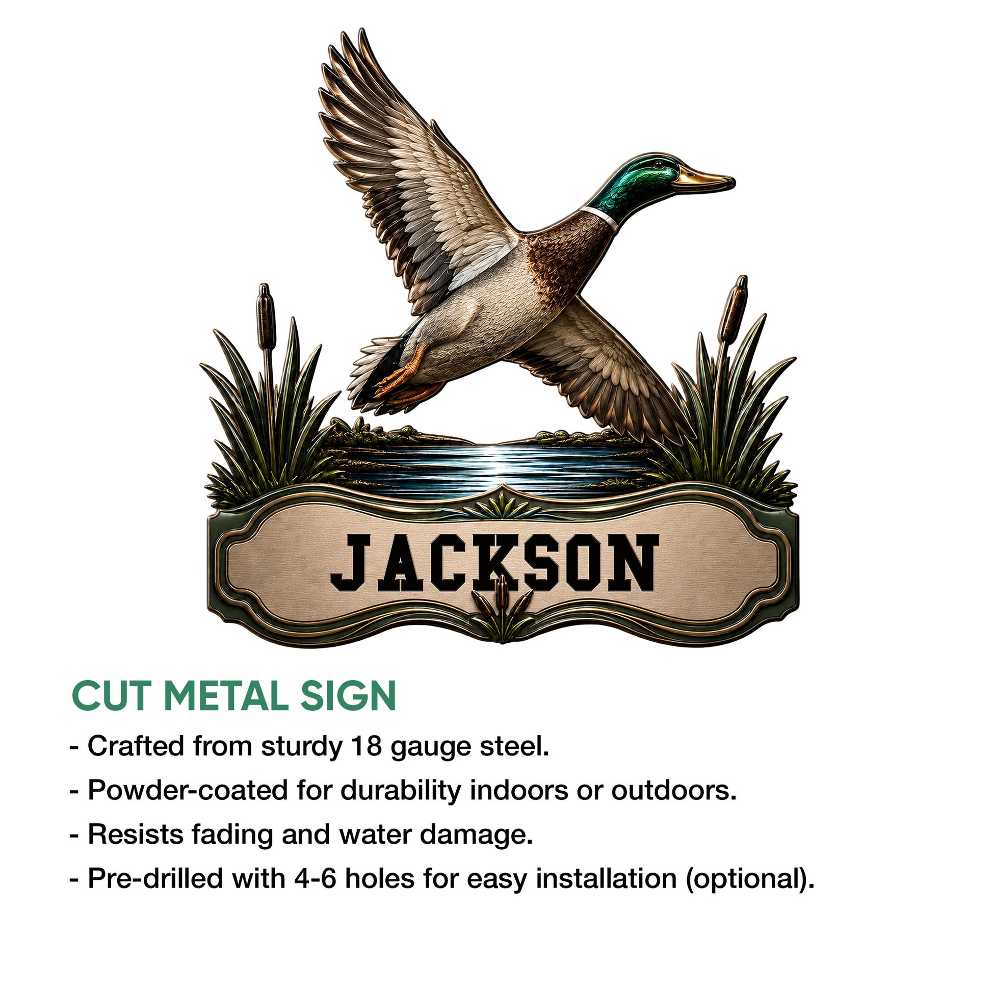Duck hunting cut metal sign shown with its decorative mallard artwork and product features