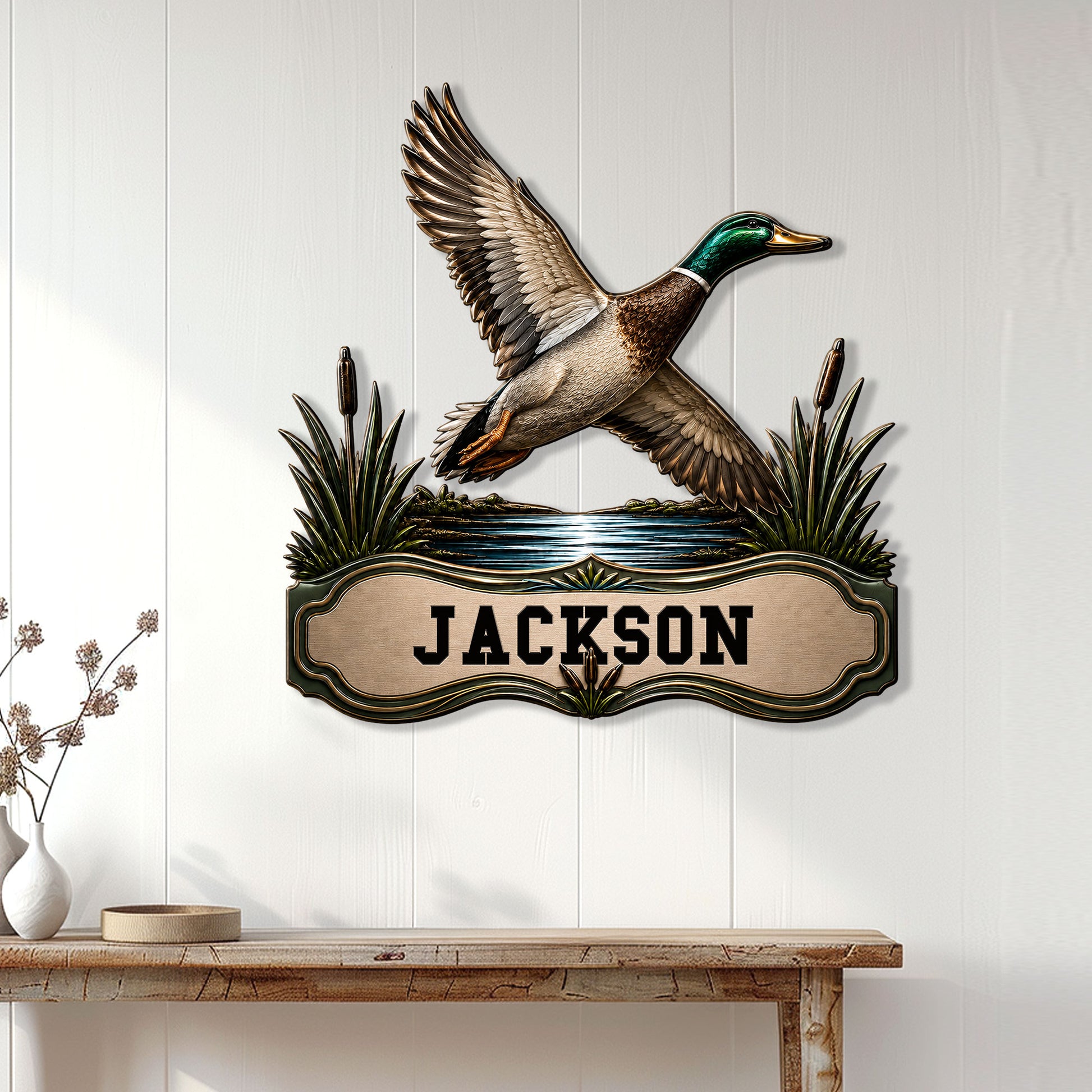 Duck hunting wall sign displayed on a white-paneled wall above a rustic console table