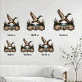 Duck hunting metal sign size guide showing available 8x8, 10x10, 12x12, 14x14, 18x18, and 24x24 inch options