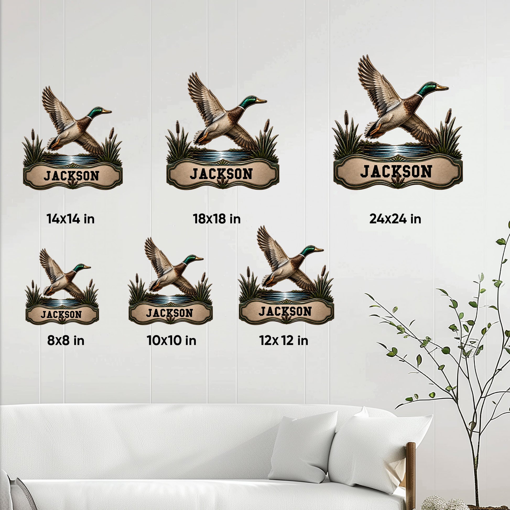 Duck hunting metal sign size guide showing available 8x8, 10x10, 12x12, 14x14, 18x18, and 24x24 inch options