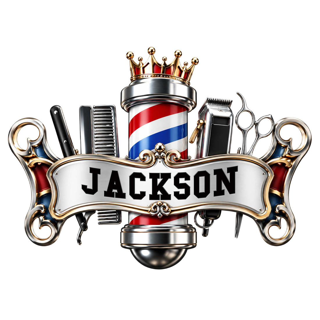 Ornate barber metal sign featuring a crowned barber pole, clippers, comb, razor, scissors, and decorative scrollwork