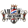 Ornate barber metal sign featuring a crowned barber pole, clippers, comb, razor, scissors, and decorative scrollwork