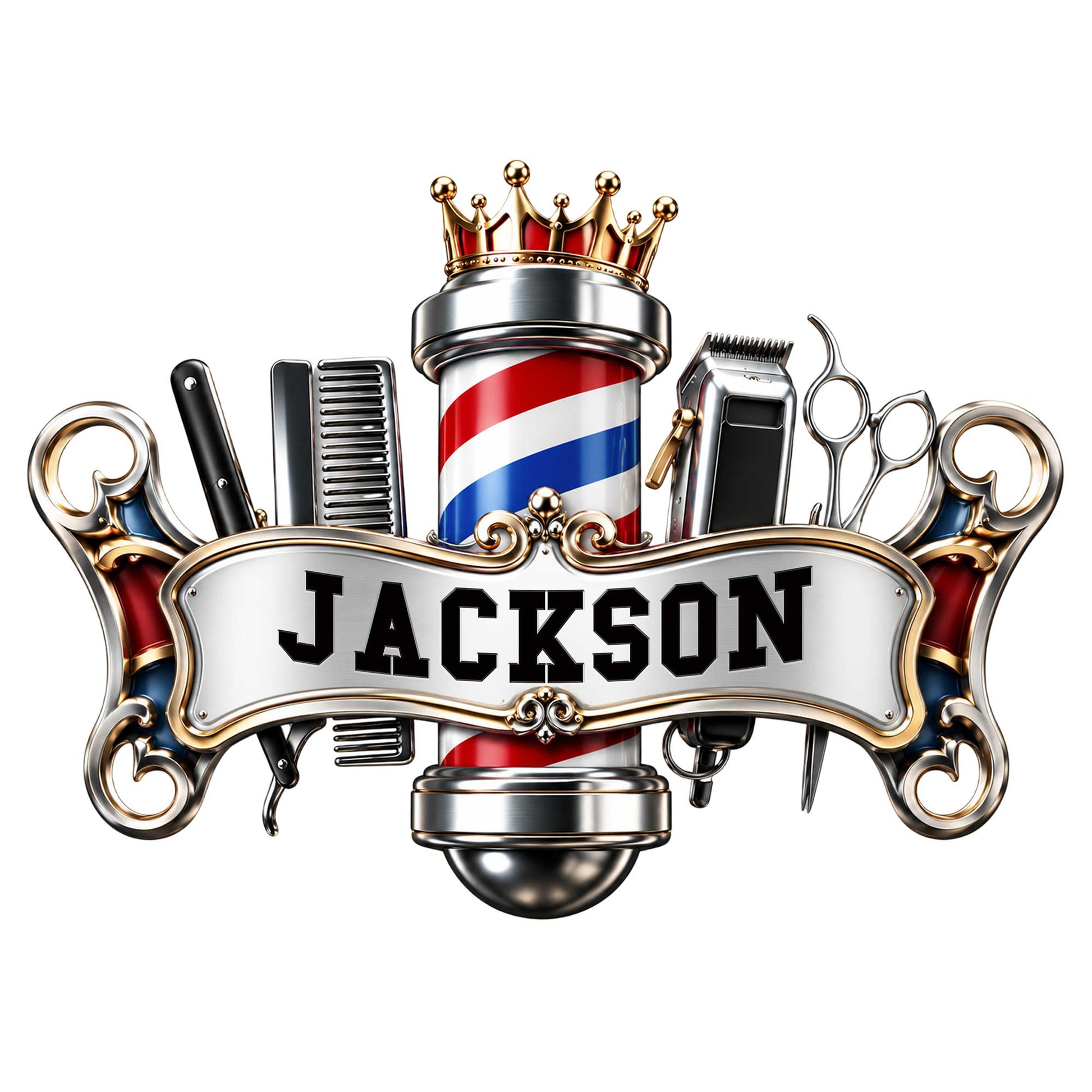 Ornate barber metal sign featuring a crowned barber pole, clippers, comb, razor, scissors, and decorative scrollwork