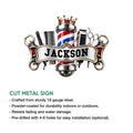 Barber metal sign product infographic showing the crowned barber design and cut metal sign presentation