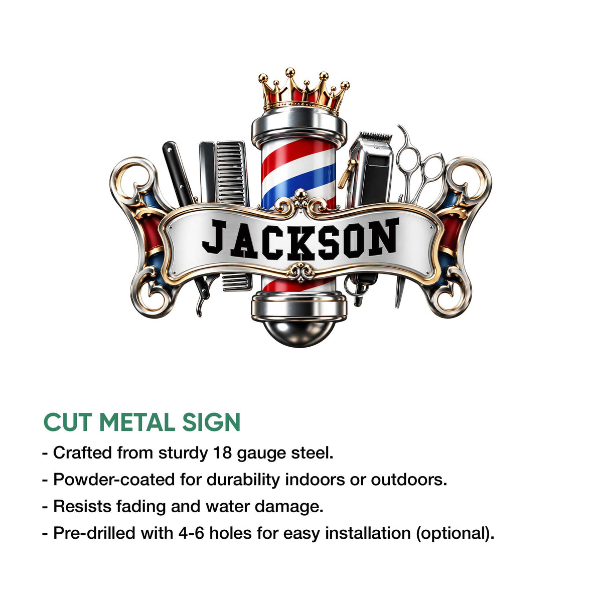 Barber metal sign product infographic showing the crowned barber design and cut metal sign presentation