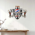 Crowned barber pole metal sign displayed as stylish barbershop wall decor above a console table