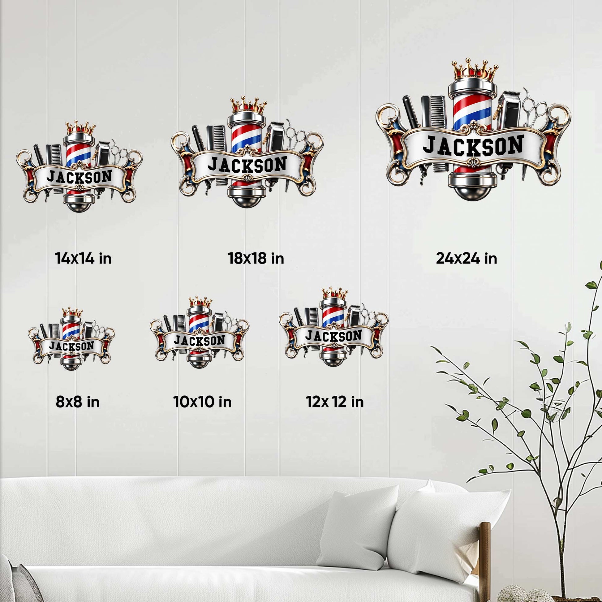 Barber metal sign size guide showing available square sizes from 8 by 8 to 24 by 24 inches