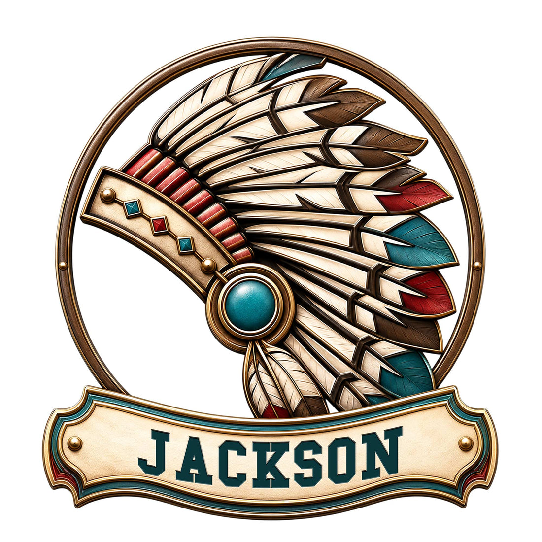 Native American feather headdress metal sign with a jeweled medallion and decorative plaque design