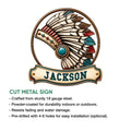 Native American feather headdress metal sign feature graphic showing cut-metal construction and installation options