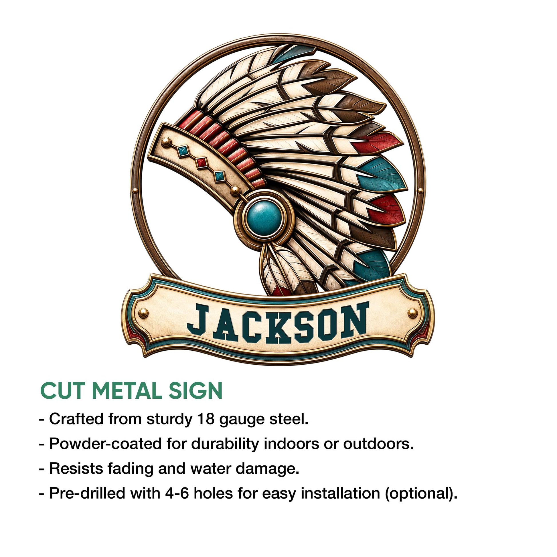 Native American feather headdress metal sign feature graphic showing cut-metal construction and installation options