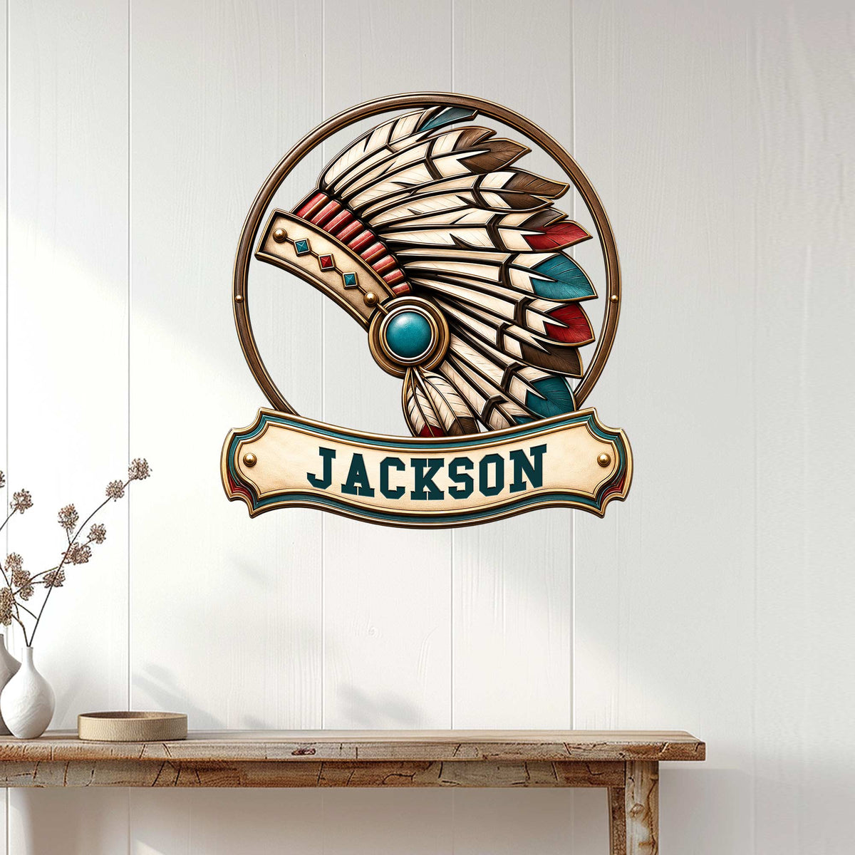 Native American feather headdress wall sign displayed on a white paneled entryway above a console table