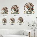 Native American feather headdress metal sign size guide showing available dimensions from 8 by 8 to 24 by 24 inches