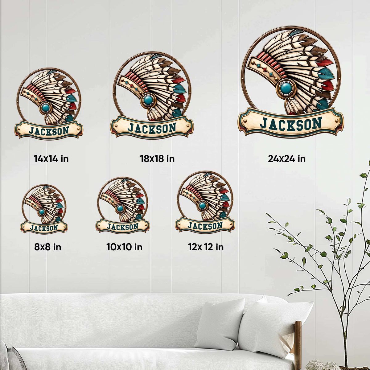 Native American feather headdress metal sign size guide showing available dimensions from 8 by 8 to 24 by 24 inches