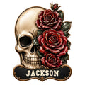Custom skull metal sign featuring a detailed skull surrounded by deep red roses, dark leaves, and ornate trim