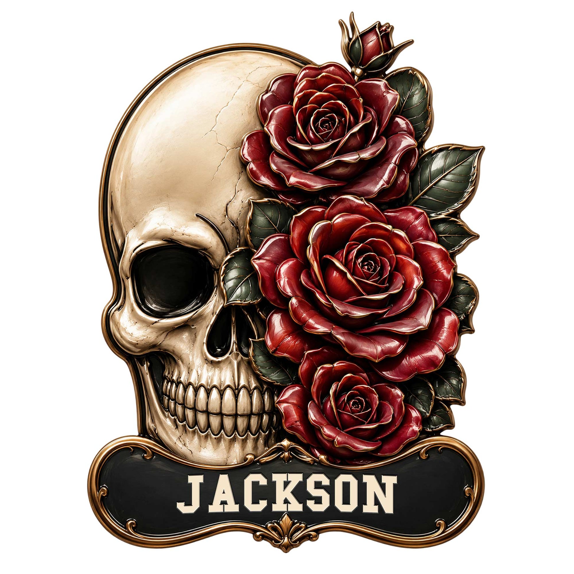 Custom skull metal sign featuring a detailed skull surrounded by deep red roses, dark leaves, and ornate trim