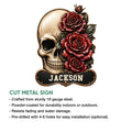Floral skull metal sign shown with a cut-metal design and decorative plaque styling
